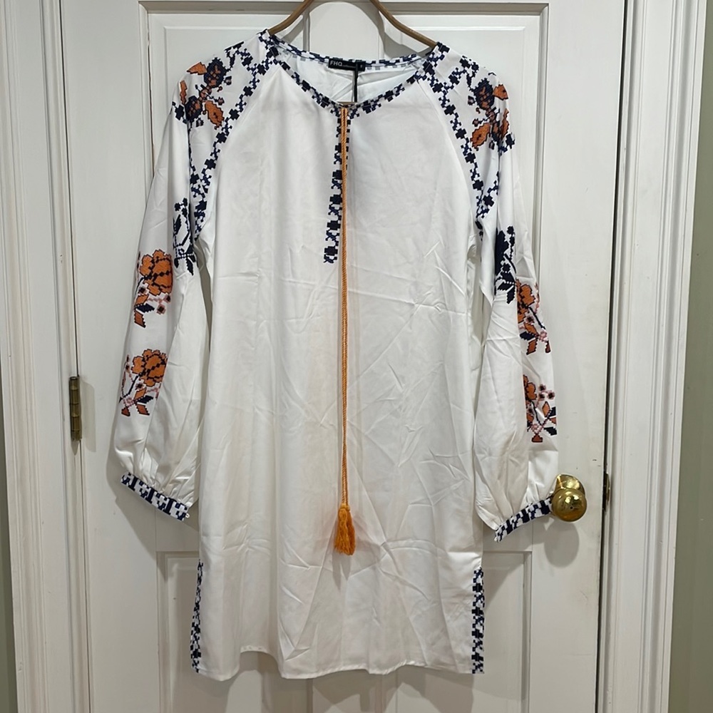 NWT FHQ Collection || Balloon Sleeve Peasant Cross-Stitch Print Cotton Dress